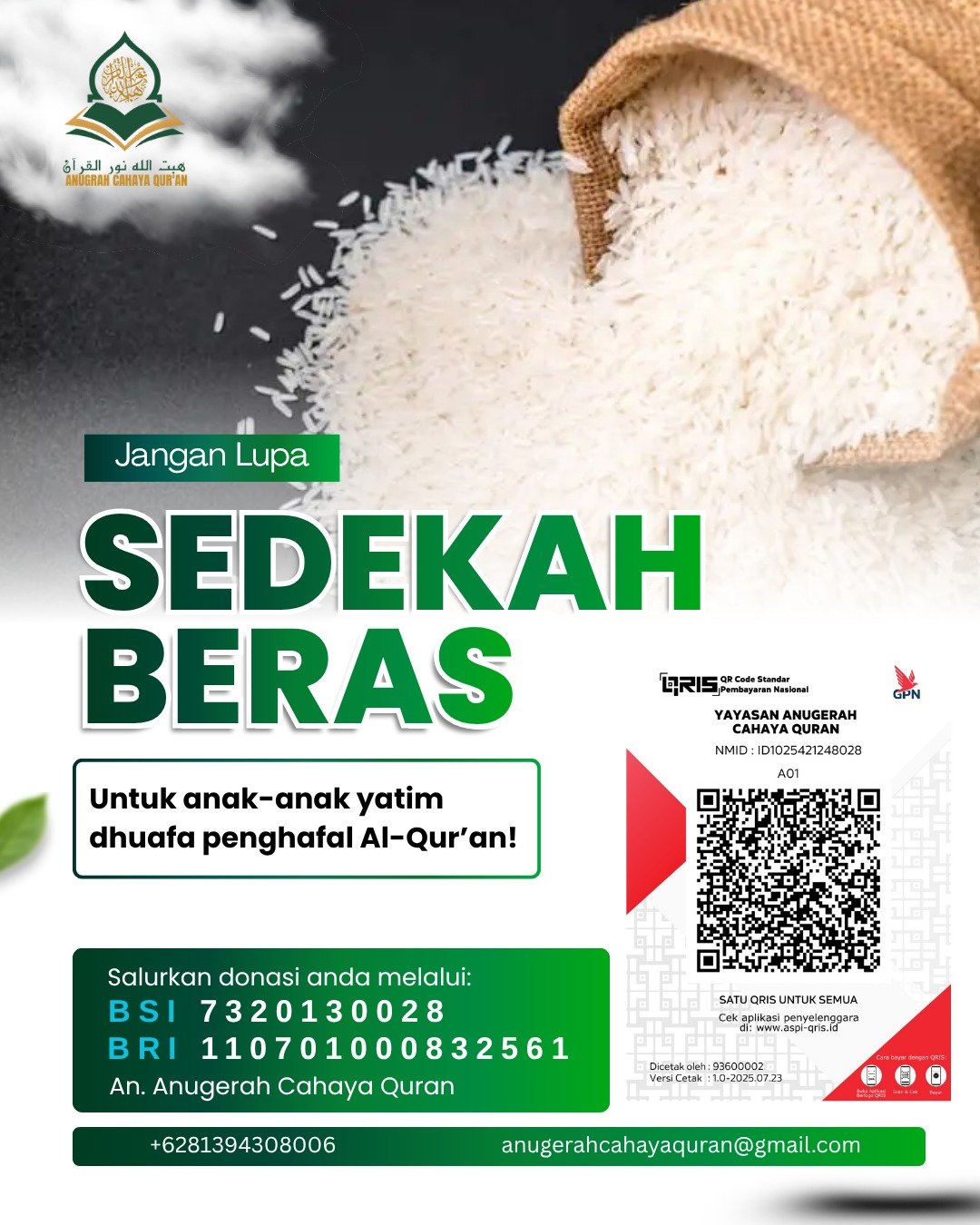 Infaq Beras untuk Anak Yatim, Dhuafa, dan Penghafal Al-Qur'an